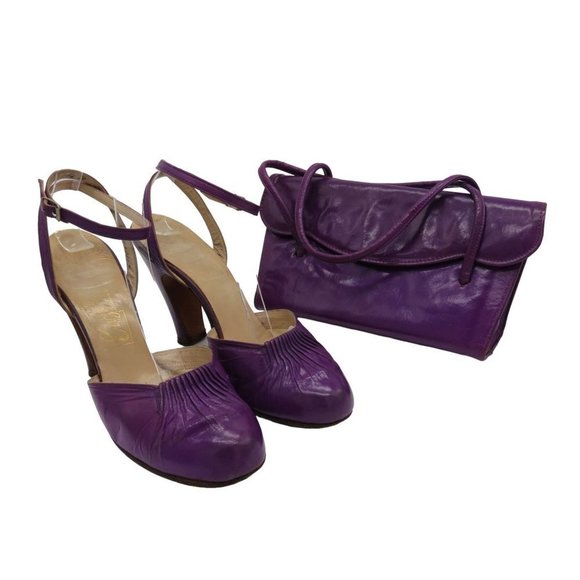 Vintage ENZEL of PARIS 40s Women's Purple Leather Heels & Matching Handbag 7.5N